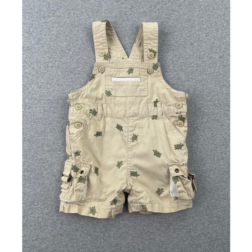 Turtle Embroidered Baby Overalls 6 months Khaki Tan 100% Cotton Cargo Pockets